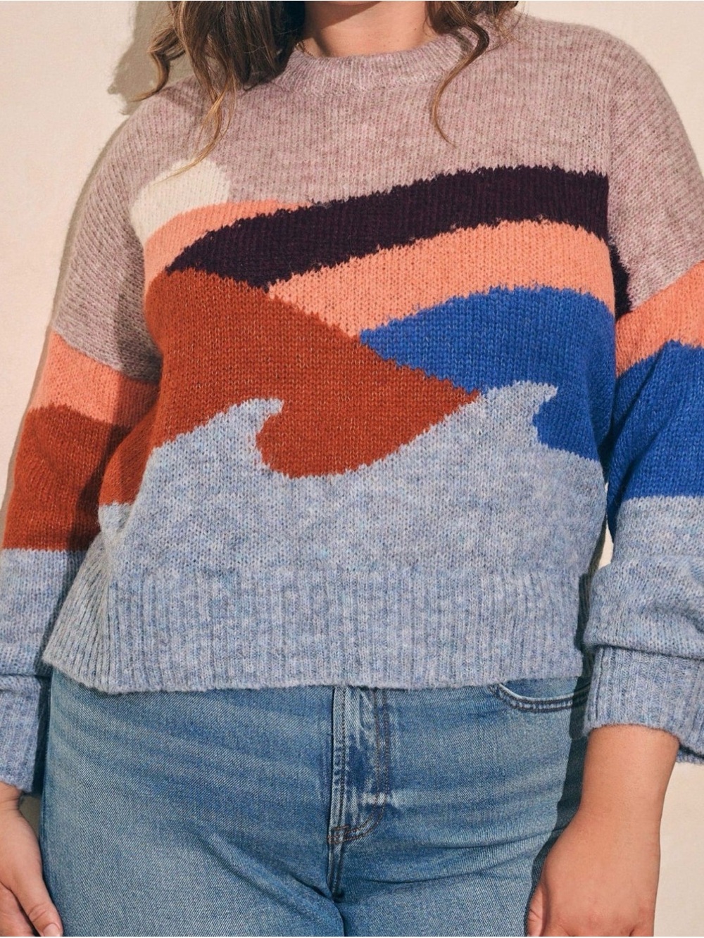 Faherty Multicolor Abstract Alpaca Crewneck Sweater — Blue, Rust, Pink, Cream